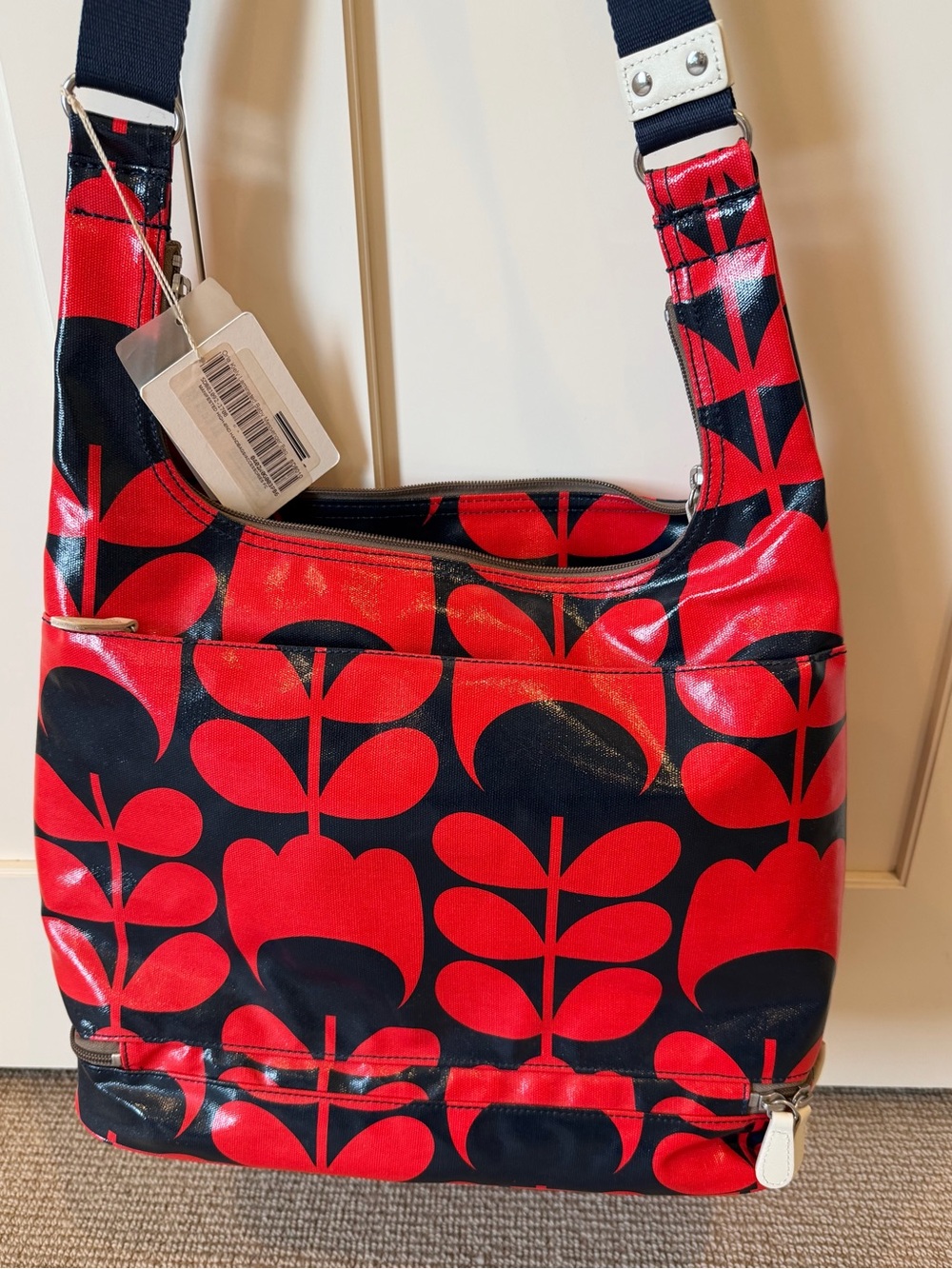 Orla Kiely Red and Navy Stem Patterned Shoulder Messenger Bag with Strap - Picture 4 of 8